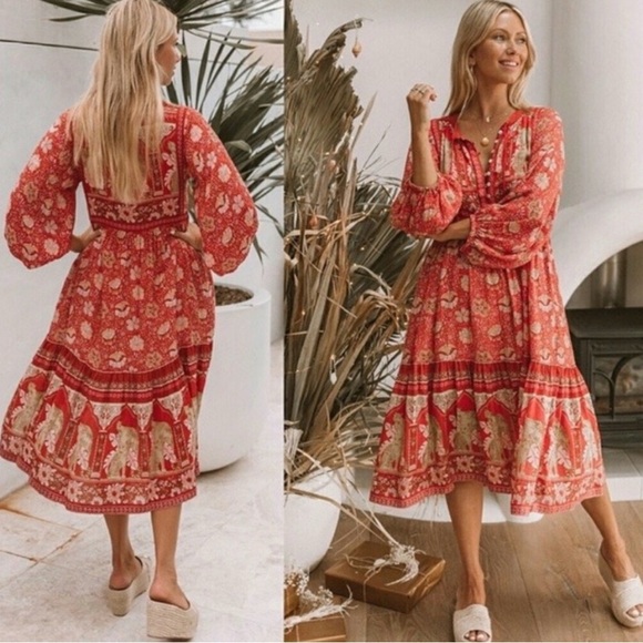 Spell & The Gypsy Poinciana Midi Dress Bohemian Red Orange Floral Tiger Print XS - Picture 1 of 12